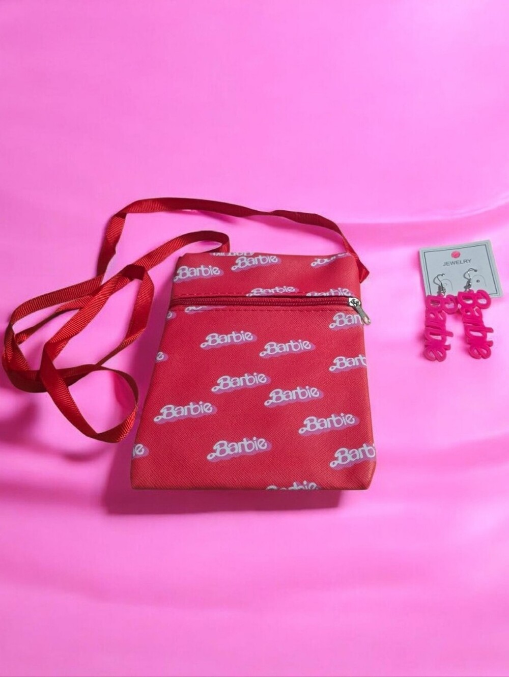 Barbie Red Crossbody with All-Over White Logo Print And Pair Of Earrings
